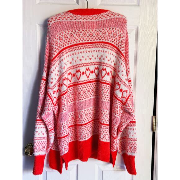 Aerie Flurry Oversized Red Fleece Crew Sweater XXL Graphic Heart Cool Vibes Cozy - Picture 8 of 12